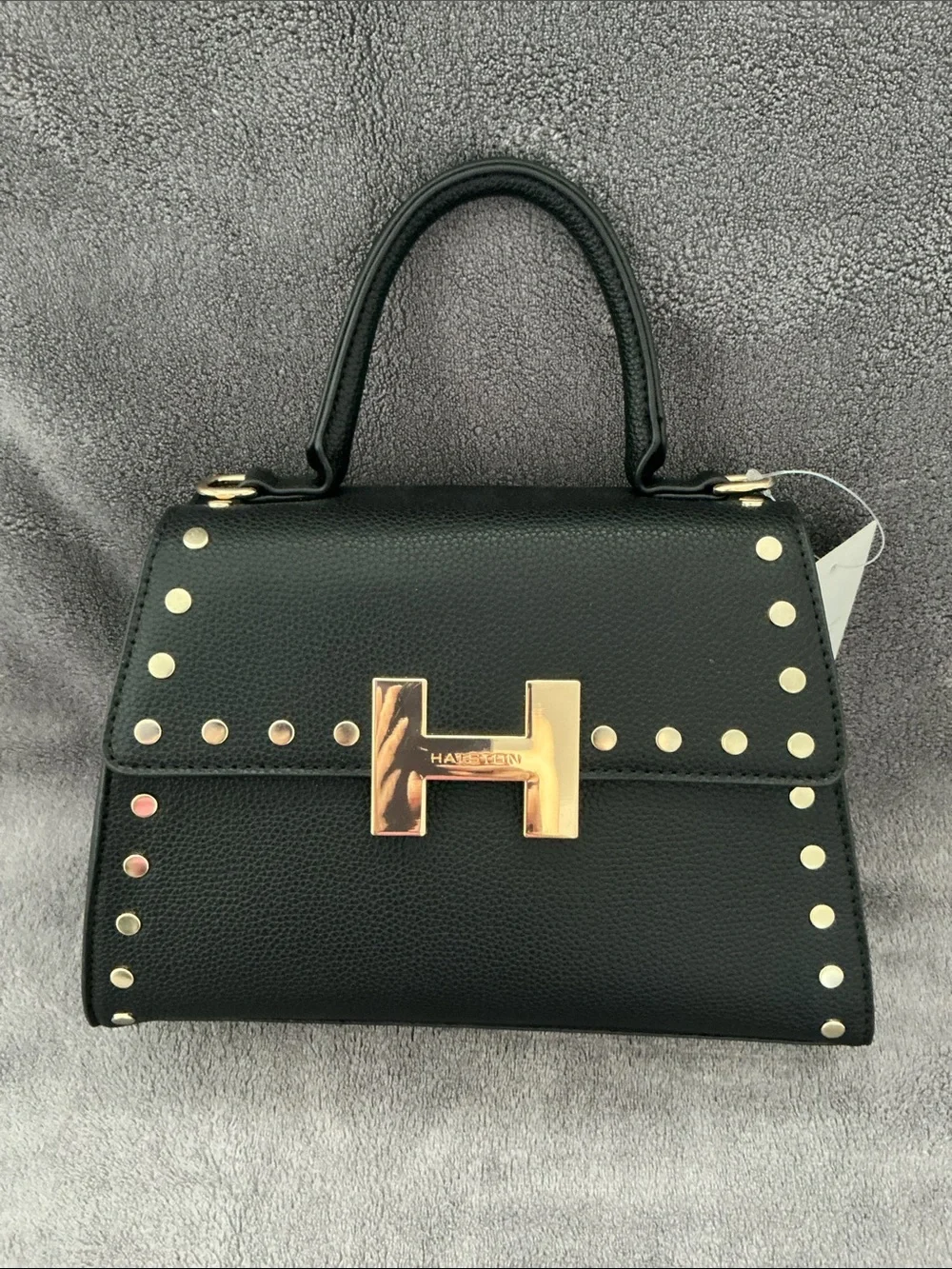 NWT Halston Heritage Black Vegan Leather Top-Handle Satchel with Gold H Clasp